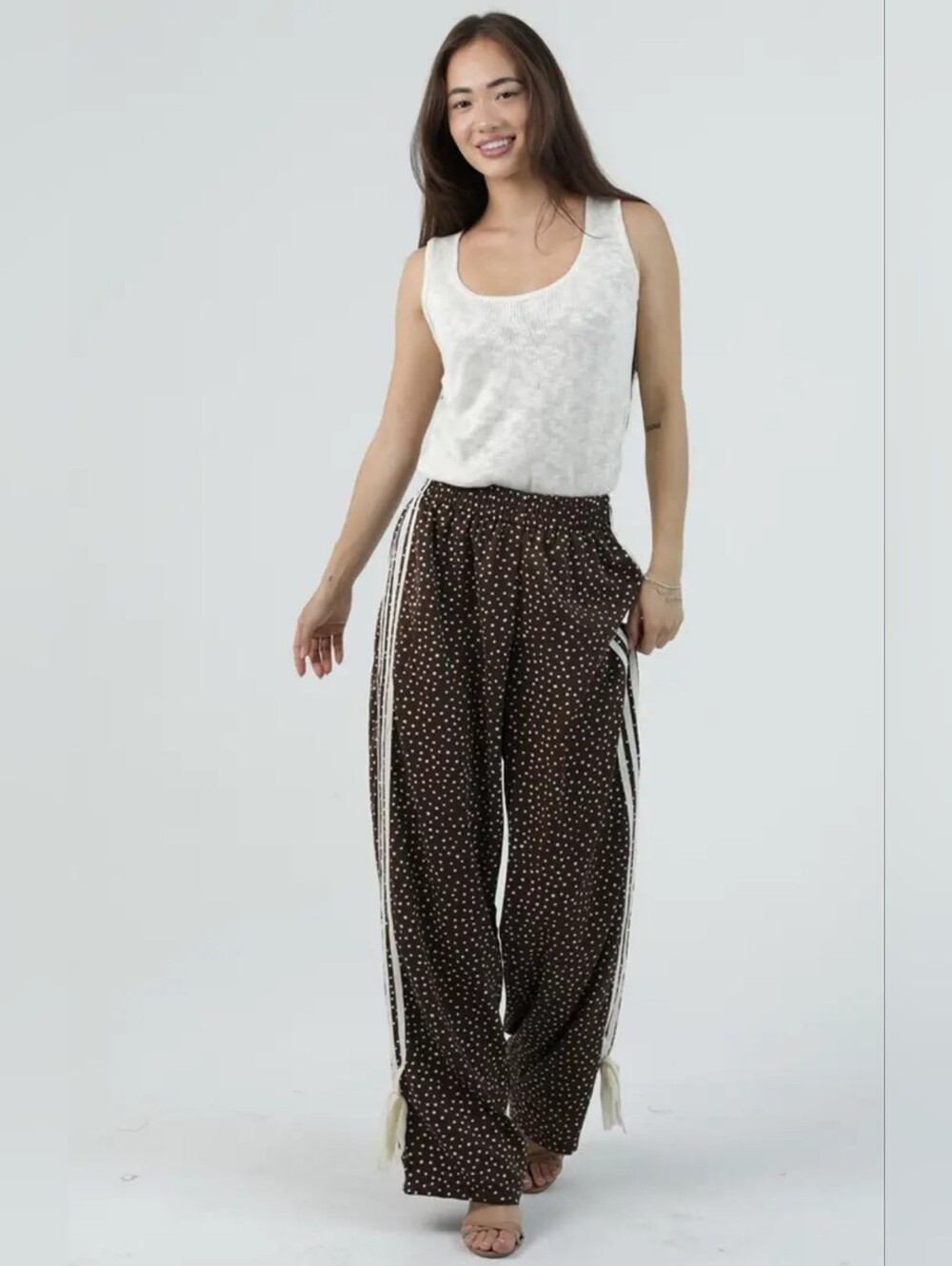 Angie Brown Polka Dot Wide-Leg Pants with White Side Stripes